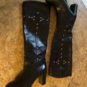 Tory Burch Colleen Studded Logo Knee High Boots 30” @ calf